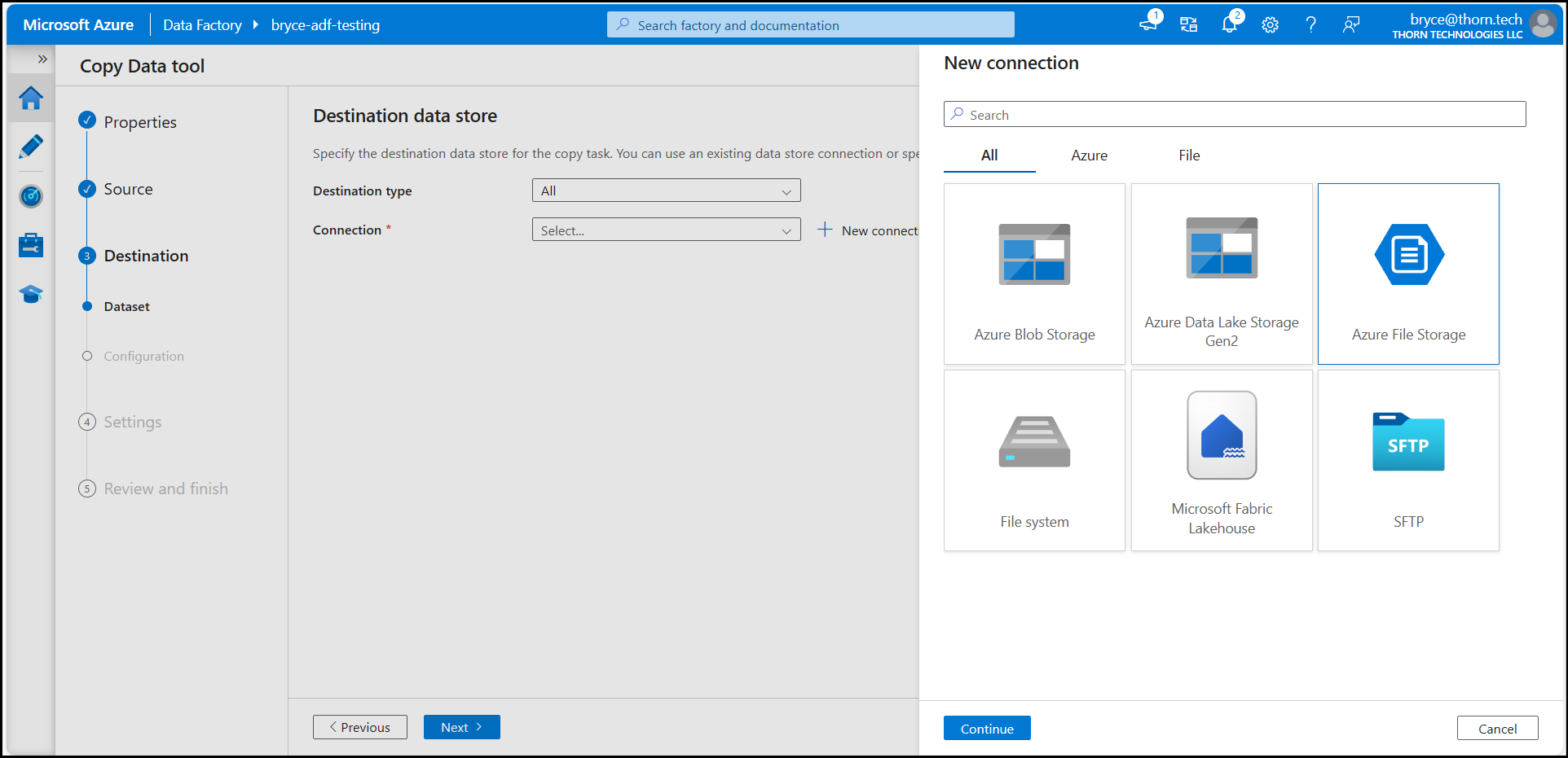 Azure Data Factory Azure File Storage Selection