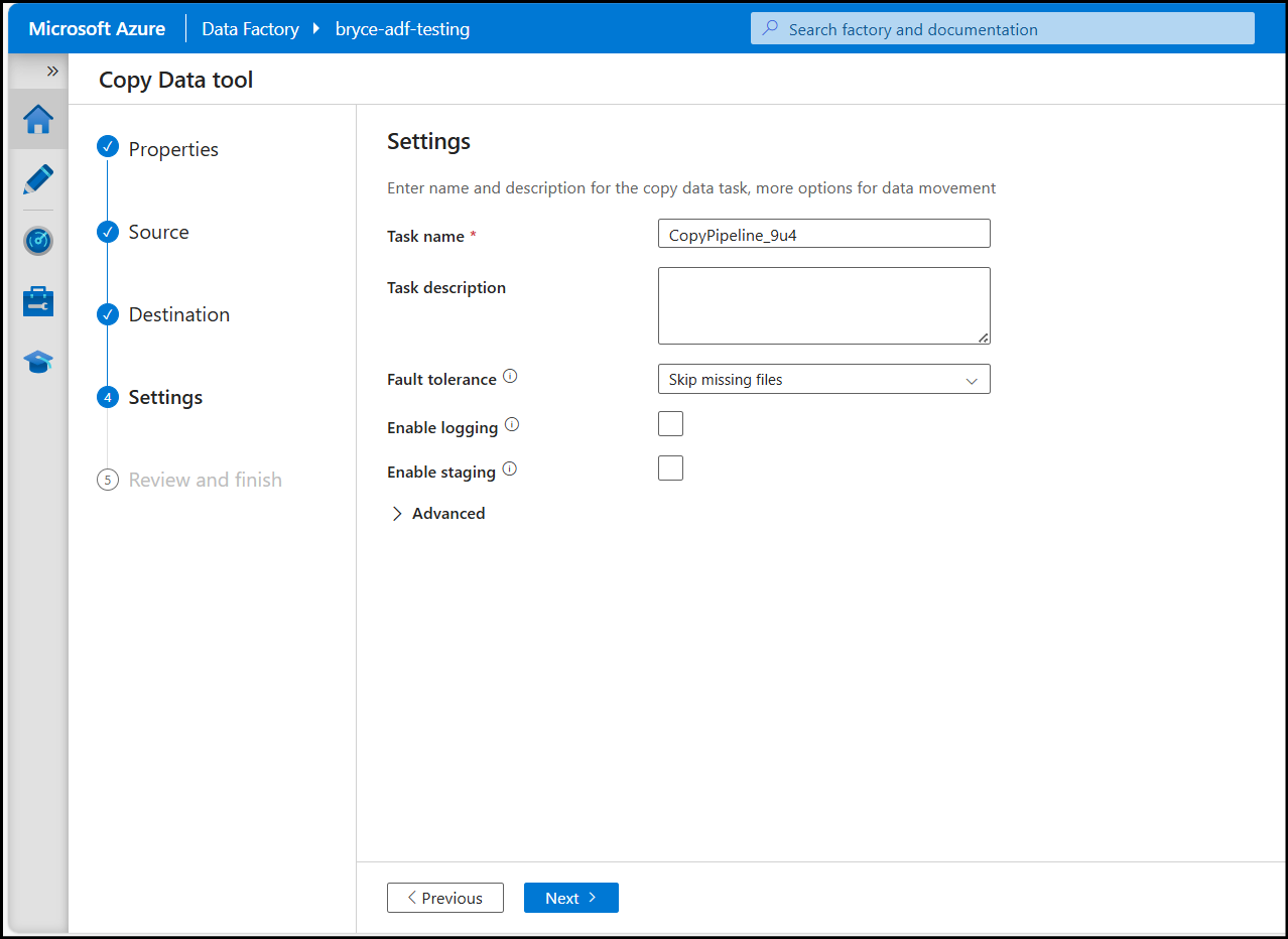 Azure Data Factory Pipeline Settings