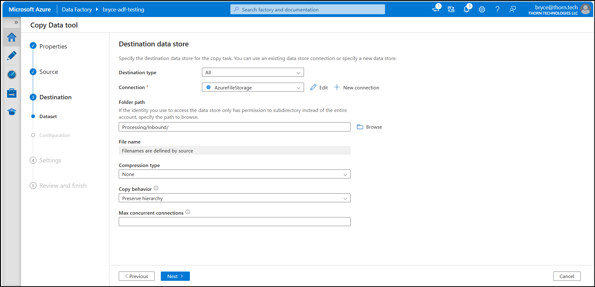 Azure File Storage Dataset Configuration