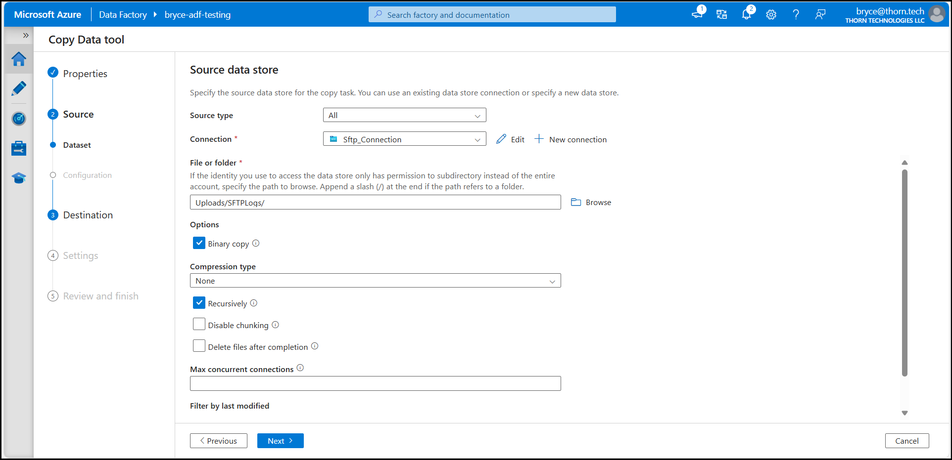 Azure Data Factory SFTP Dataset Configuration
