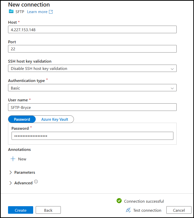 Azure Data Factory SFTP Connection Details