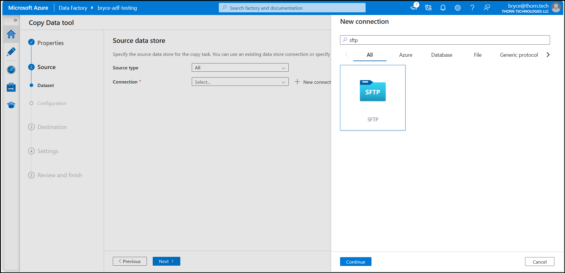 Azure Data Factory SFTP Source Selection