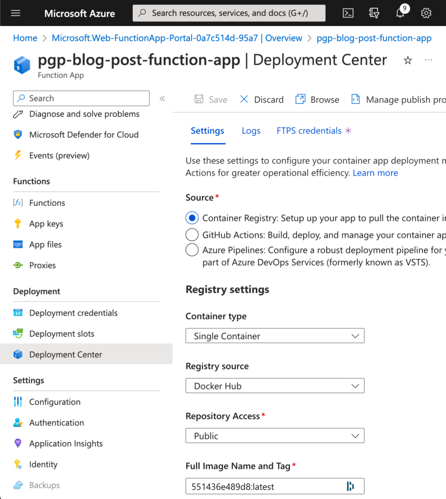 Function app deployment center