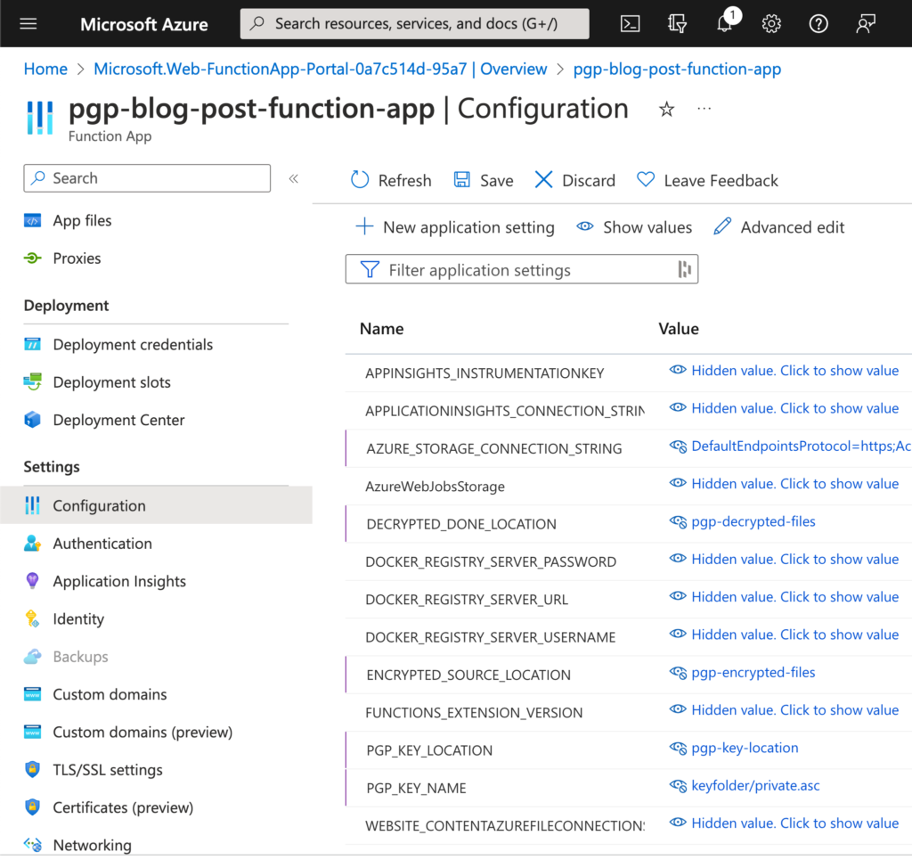 Function app environment variables